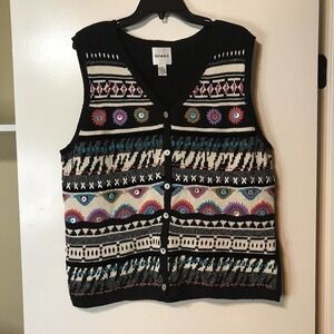 Blast Sweater Vest Knit Black Graphic Front Buttonup SzL NWOT